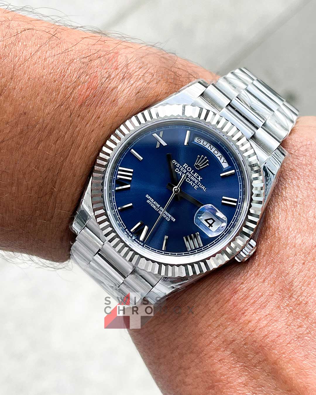 rolex day date 40 blue roman dial watch 228239 3