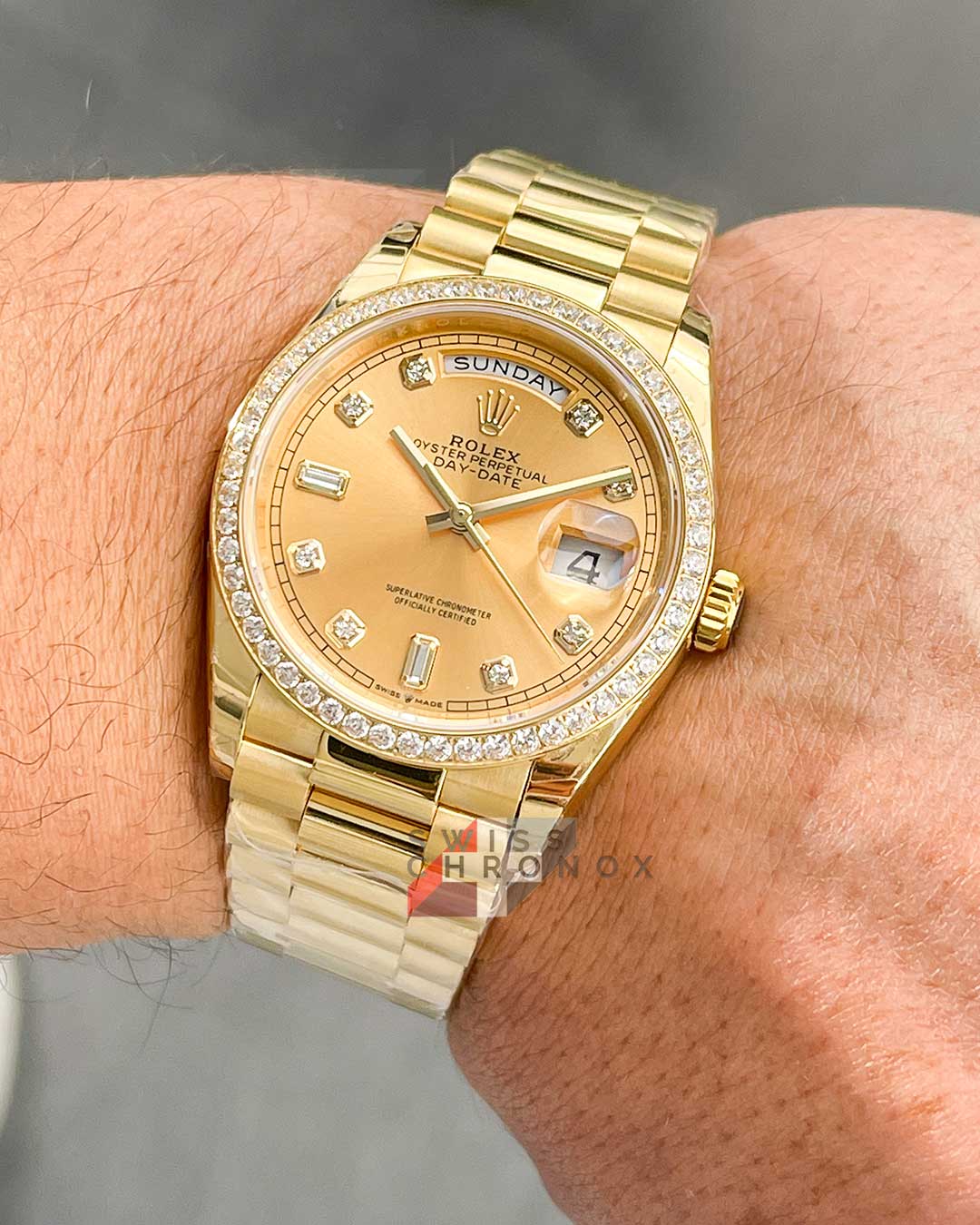 rolex day date 36 diamond champagne dial yellow gold 128348cdp