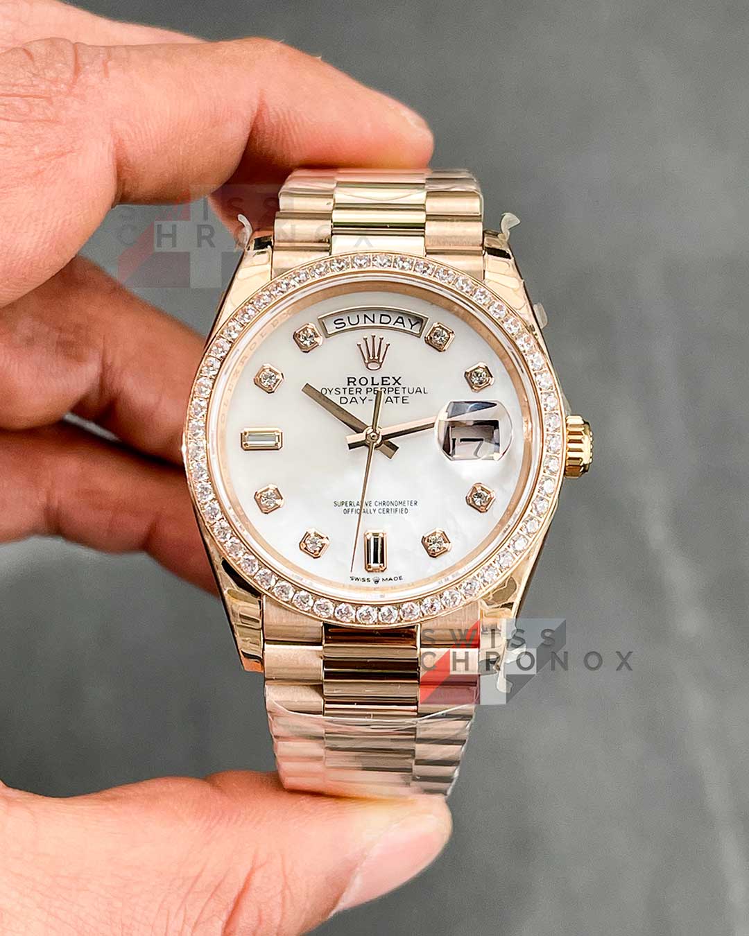 rolex day date 36 mother of pearl diamond rose gold 128235 a