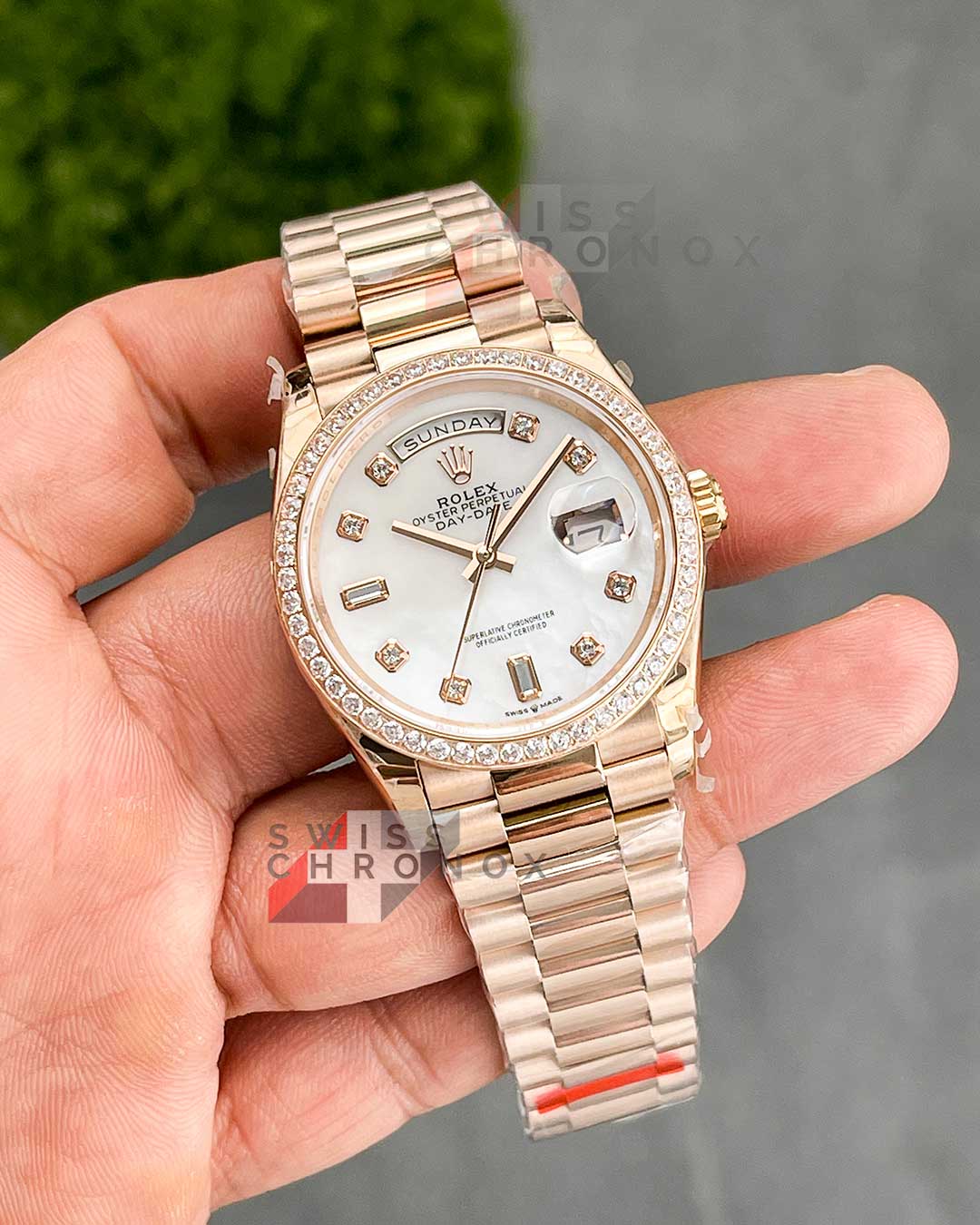 rolex day date 36 mother of pearl diamond rose gold 128235 f