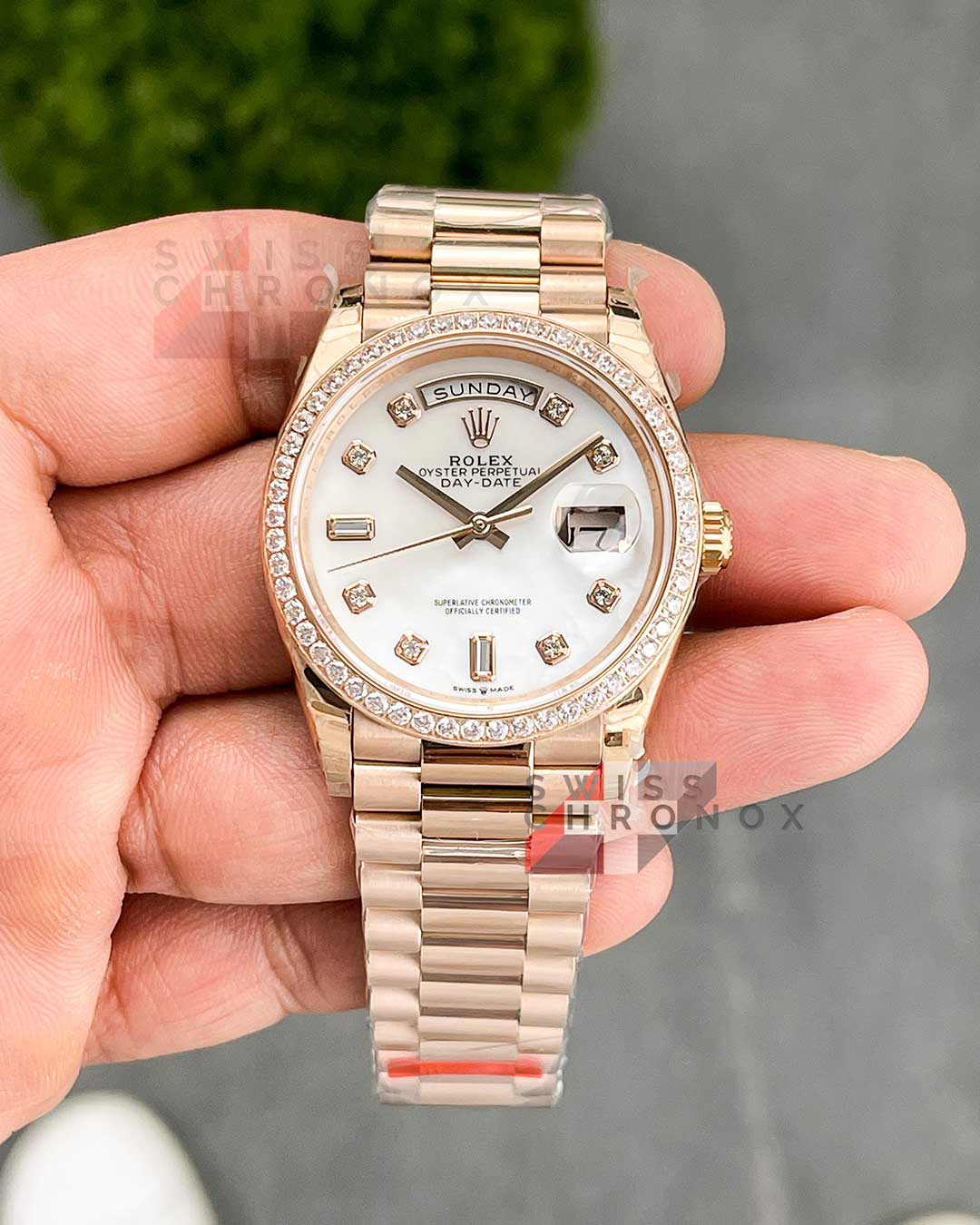rolex day date 36 mother of pearl diamond rose gold 128235 g